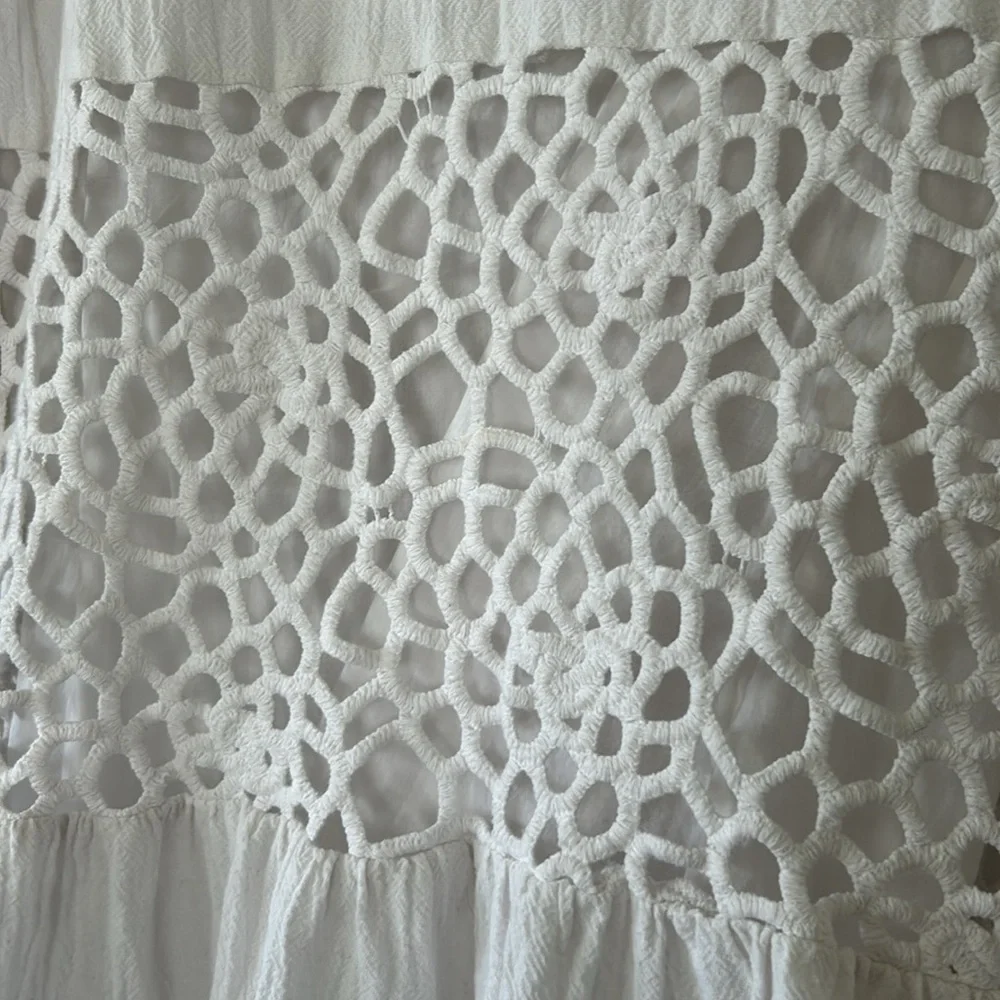 Tyler Boe Izzy Eyelet Topper Crochet Dress w Bell Sleeves Notch Neck White - Picture 8 of 15